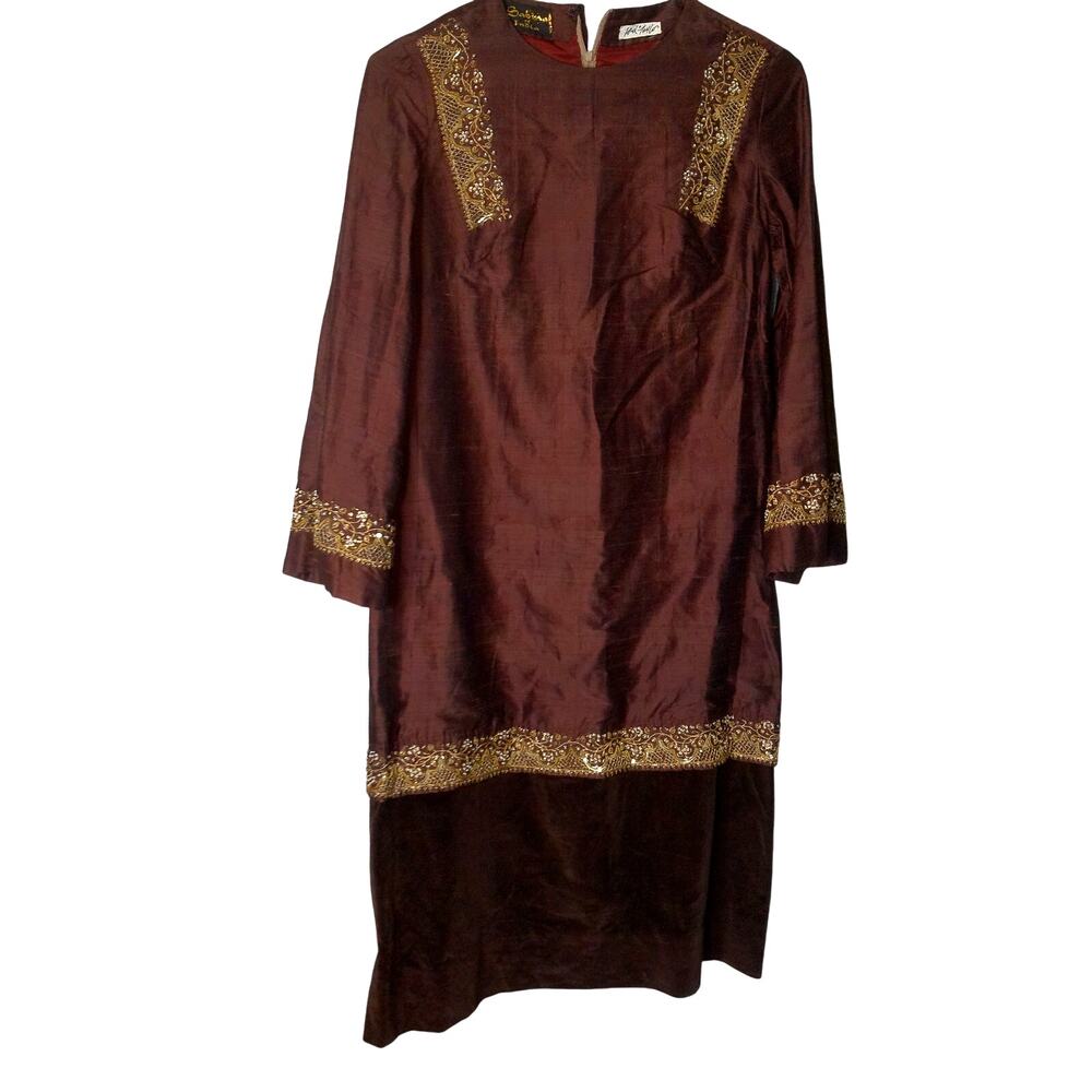 Vintage Sabina of India Lord & Taylor Silk Velvet Maxi Dress Gold Brocade Boho